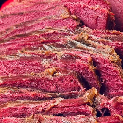 Sliced corned beef, close-up.